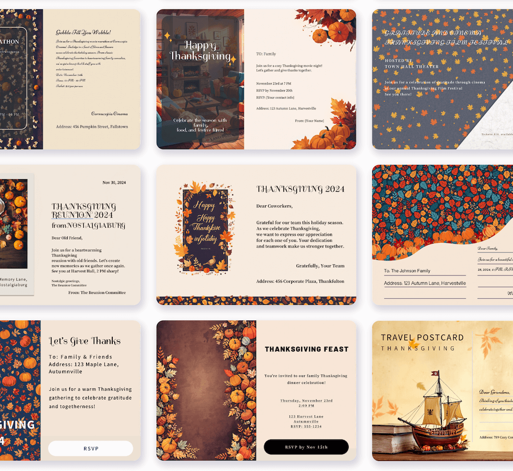 "MolyPix.AI's invitation templates beautifully combines Thanksgiving messages with autumn designs, conveying warm holiday wishes."