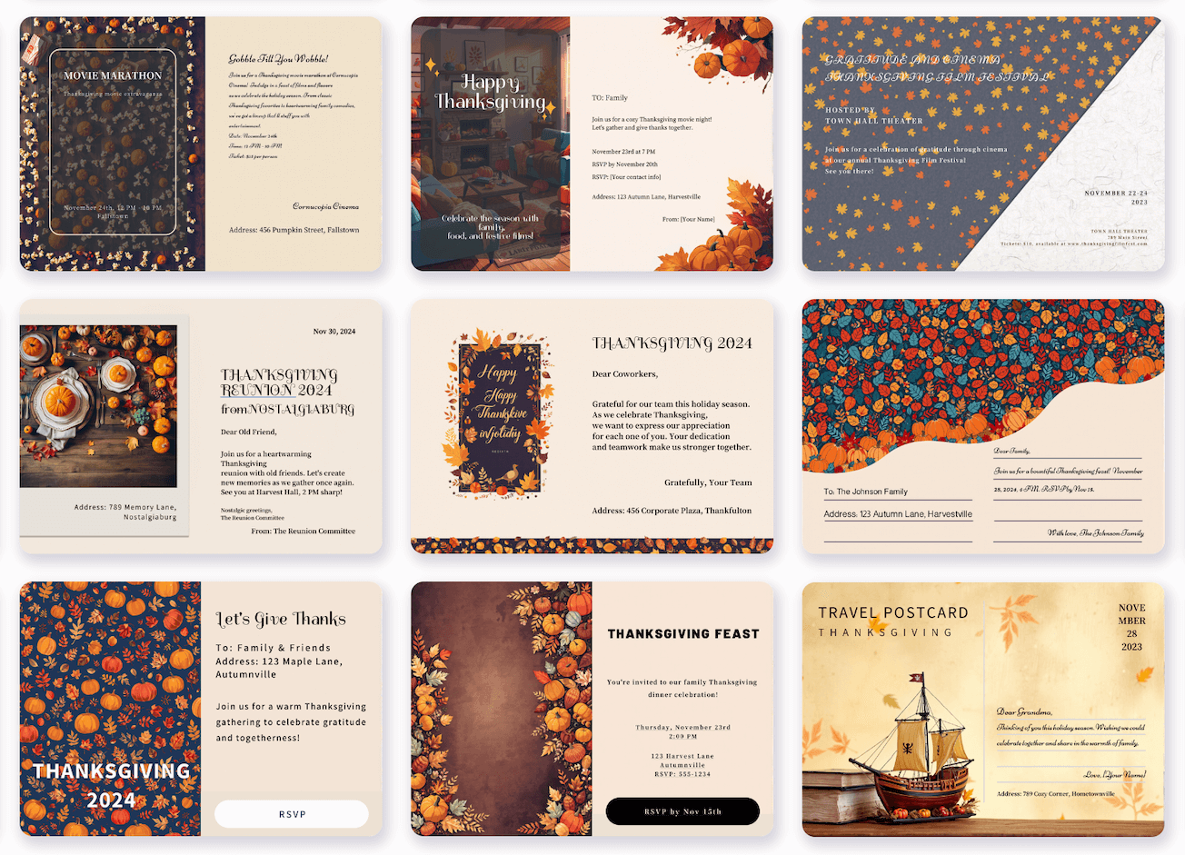 "MolyPix.AI's invitation templates beautifully combines Thanksgiving messages with autumn designs, conveying warm holiday wishes."