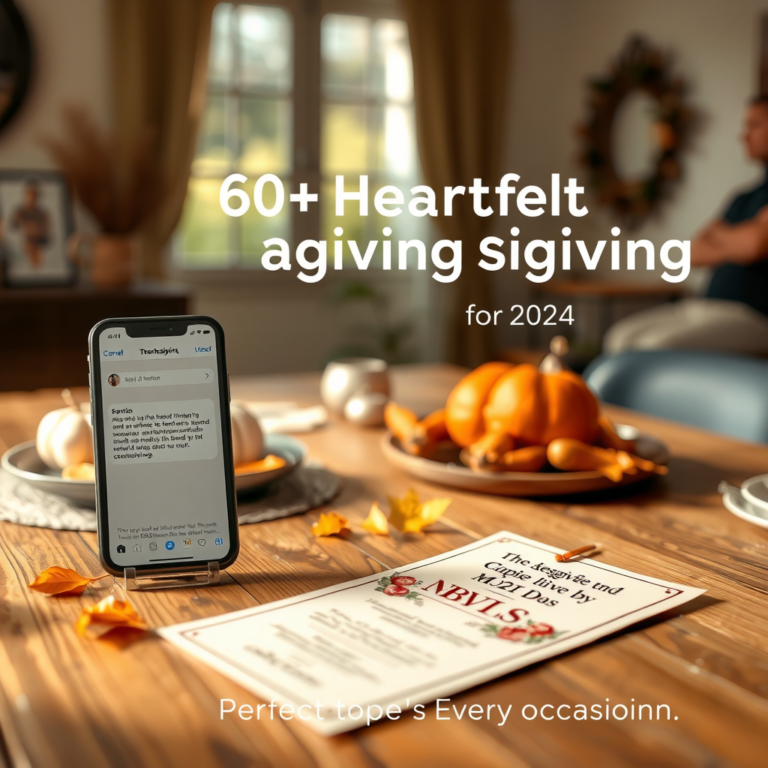 Smartphone displaying a Thanksgiving message next to a printed invitation on wooden table with pumpkins and warm lighting