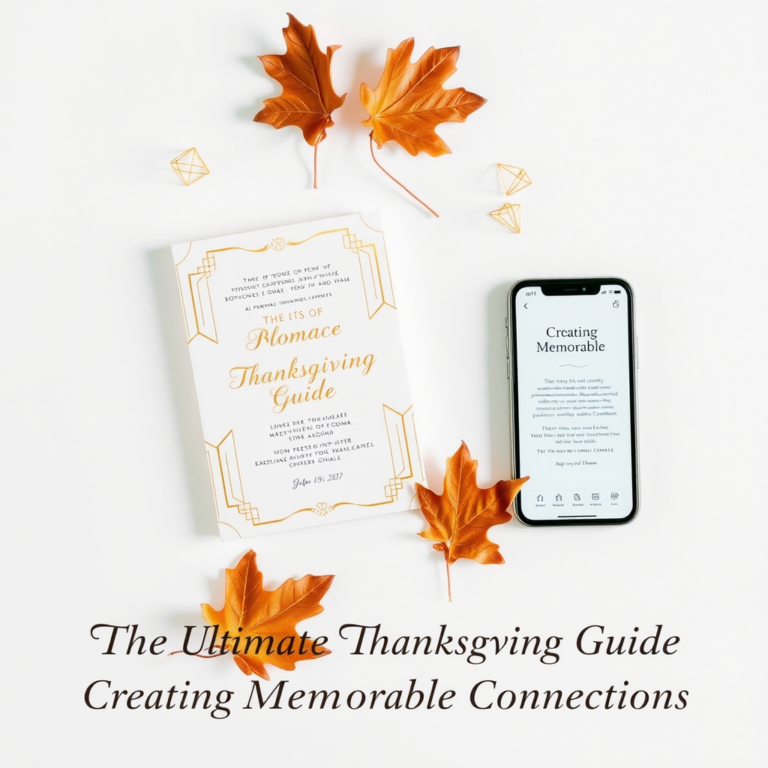 A minimalist flat lay featuring a white invitation card with gold details, an iPhone, and orange autumn maple leaves on a white background with text overlay.