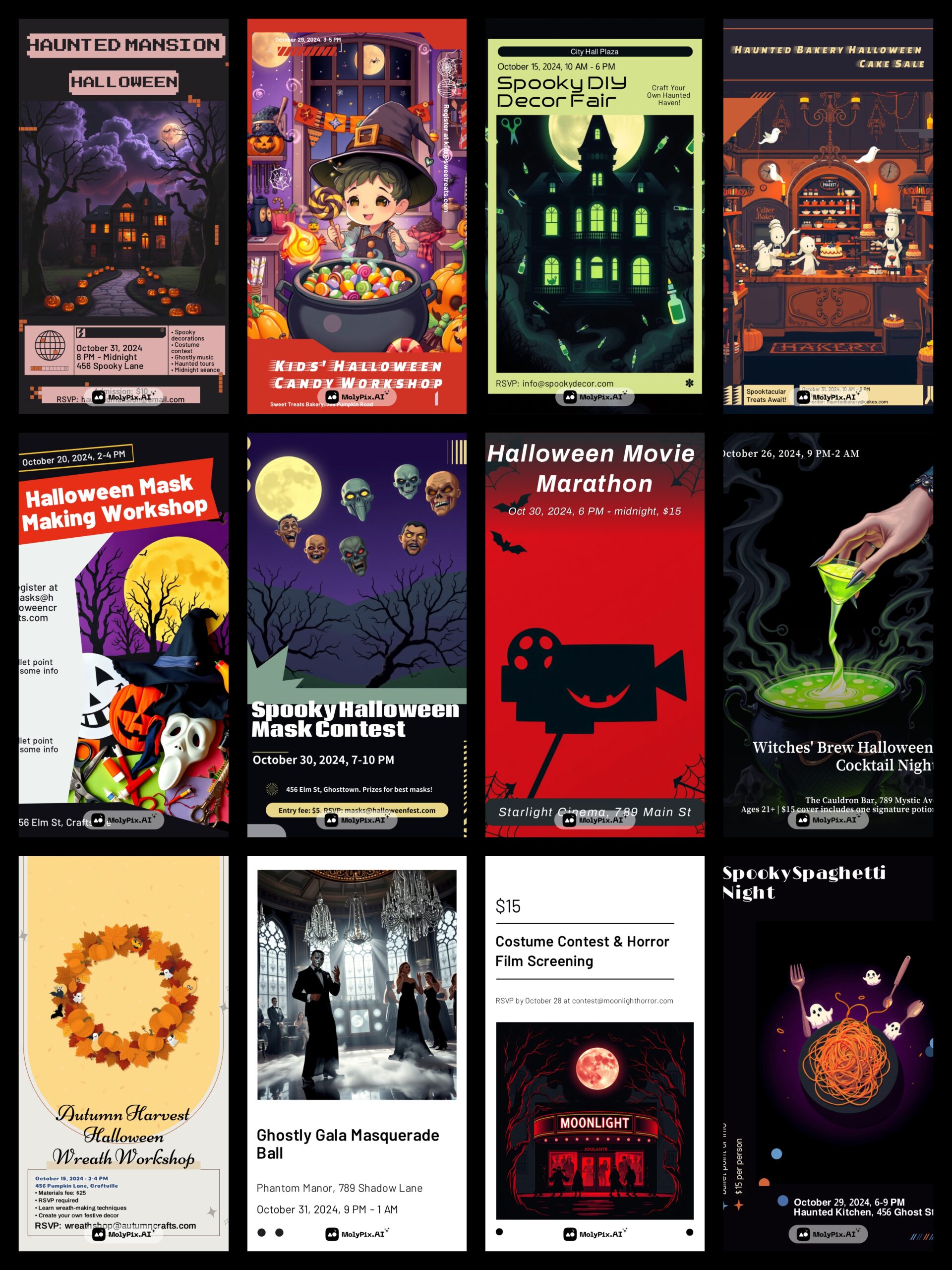 These Halloween posters, designed with MolyPix.AI, feature a diverse range of events like cocktail nights, movie marathons, and mask-making workshops, each capturing the spooky and fun spirit of Halloween.