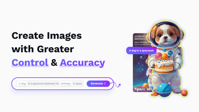 A minimalist interface showing 'Create Images with Greater Control & Accuracy' heading, with a search bar and a cute illustration of a cartoon dog in a spacesuit holding a birthday cake, surrounded by floating planets