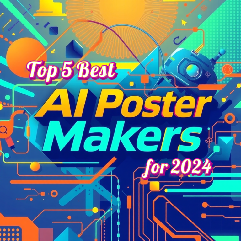 Top 5 Best AI Poster Makers 2024 comparison guide featuring vibrant tech-inspired design with blue and orange circuit patterns