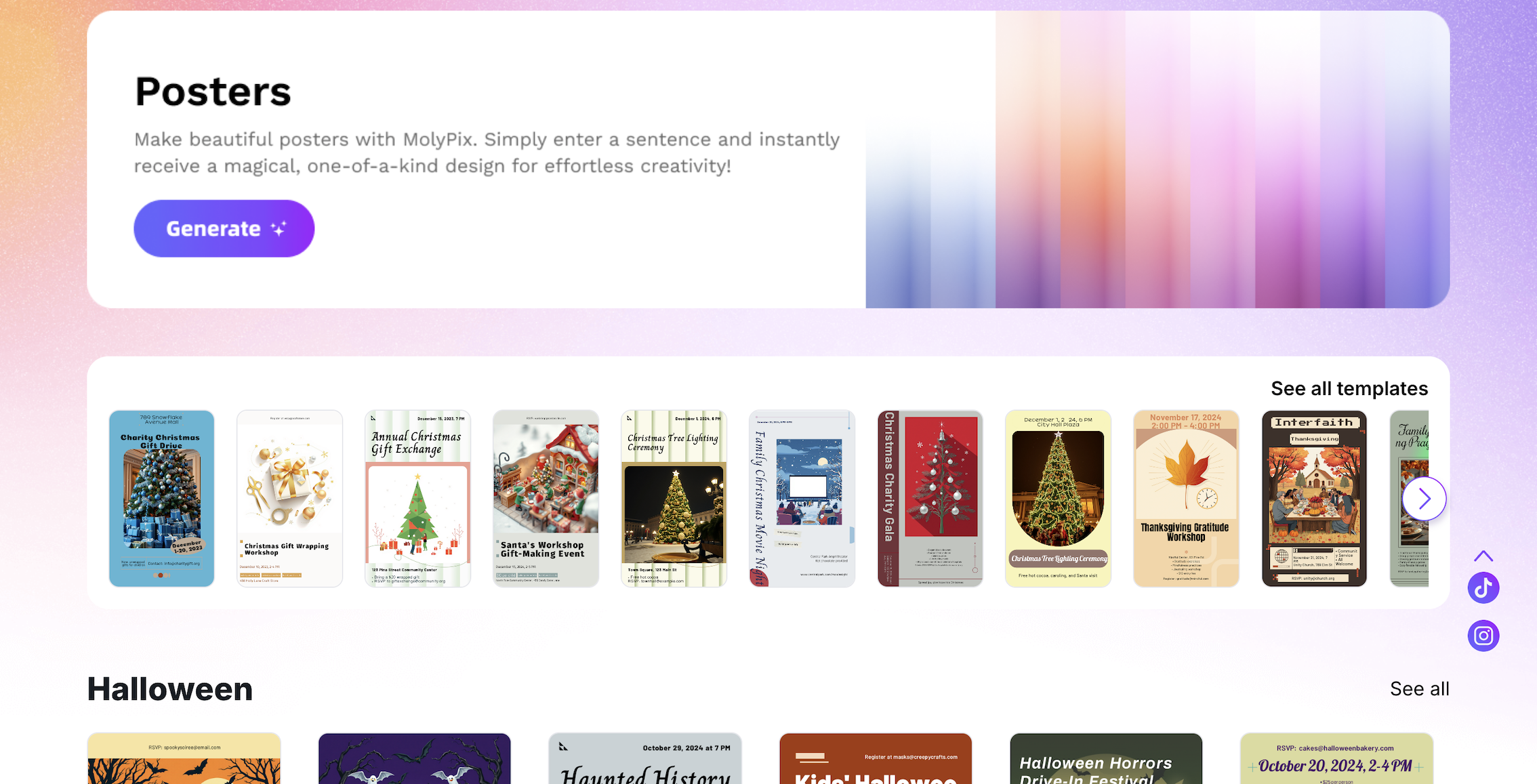 MolyPix.AI's template interface showing a poster generation tool with holiday templates and a purple Generate button against a gradient background