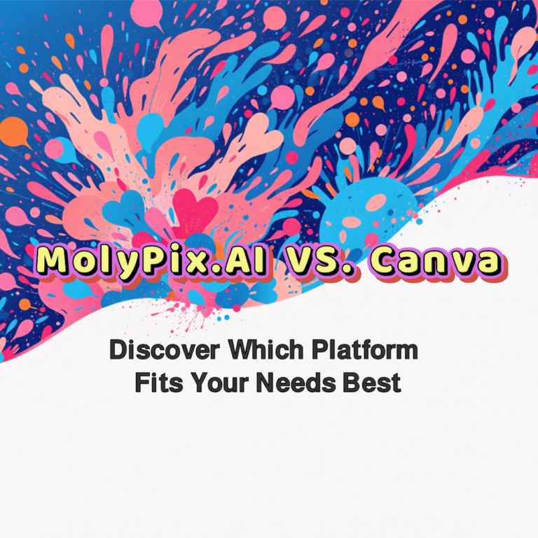 Colorful abstract splash design with the text 'MolyPix.AI vs. Canva' in bold letters.