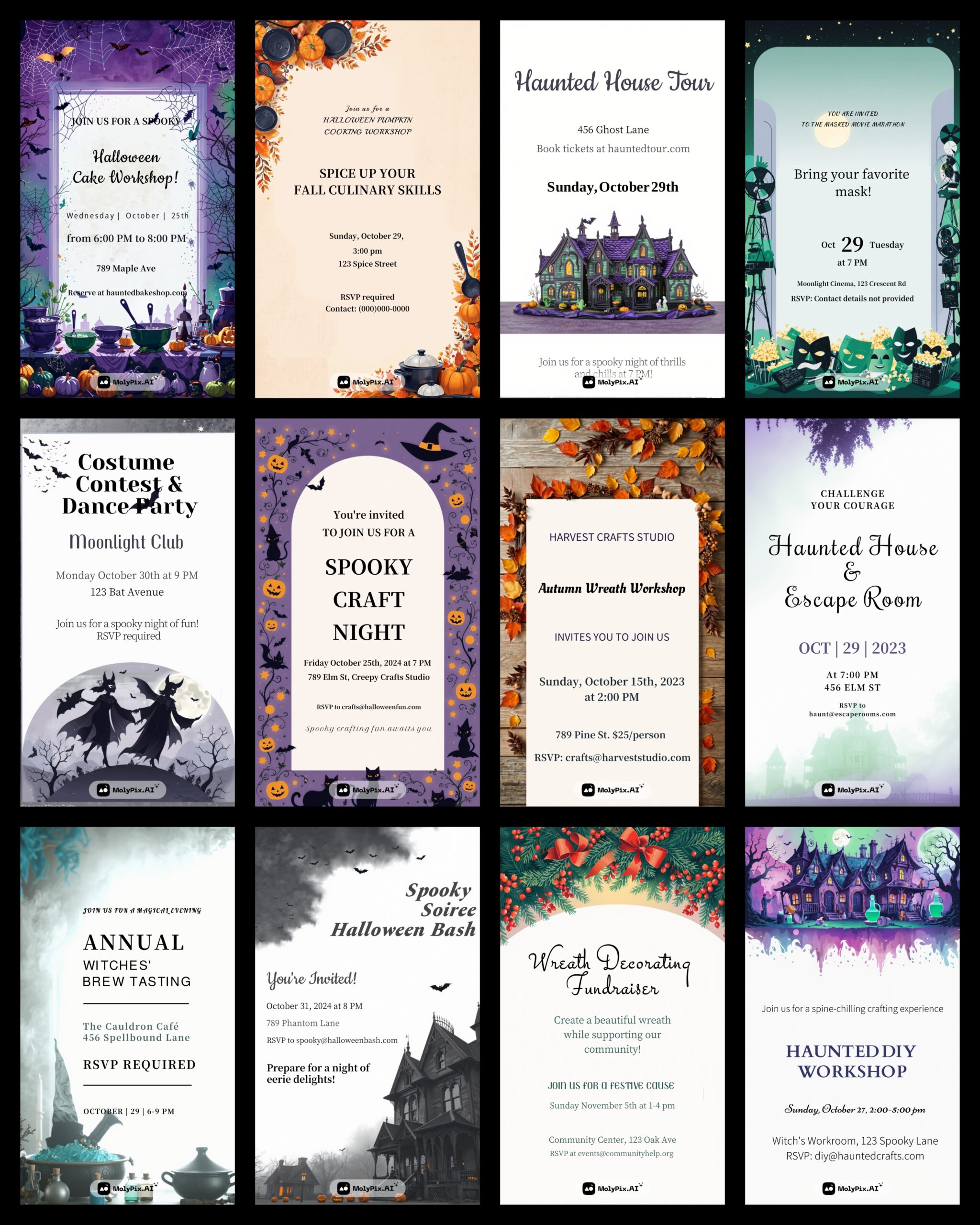 These Halloween invitations, crafted with MolyPix.AI, showcase a variety of spooky themes, from costume parties to pumpkin carving contests, all designed to capture the eerie essence of the season.