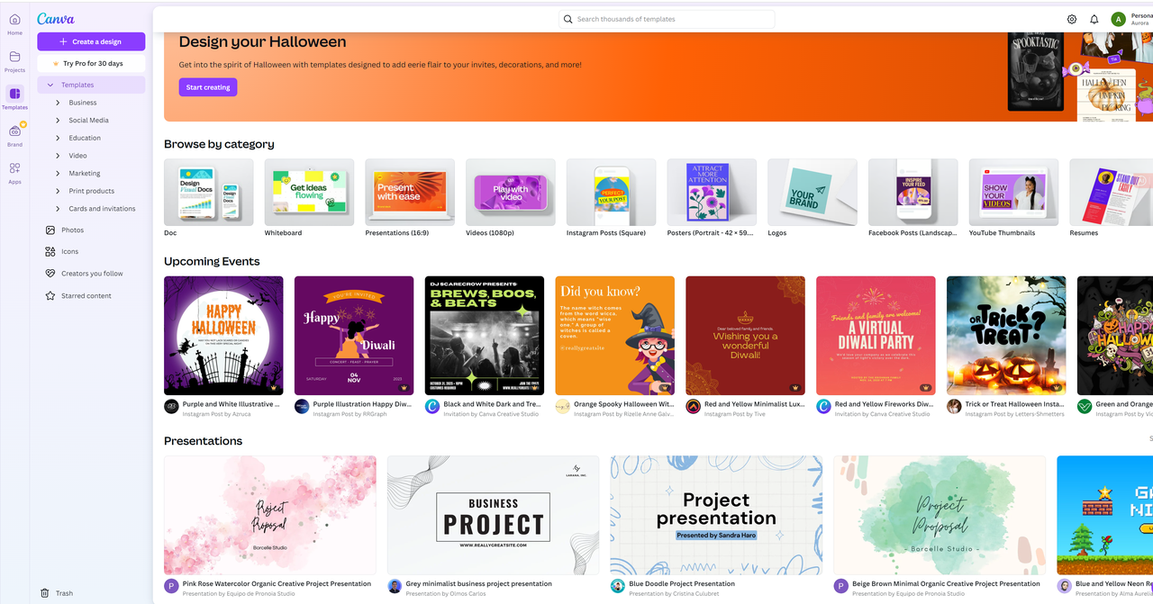 This is a screenshot of Canva's template page featuring various design categories for events and presentations. The page includes options for creating Halloween-themed graphics. The sidebar shows different design template categories such as business and social media. The interface highlights the use of AI graphic design tools to assist in creating visually appealing designs.