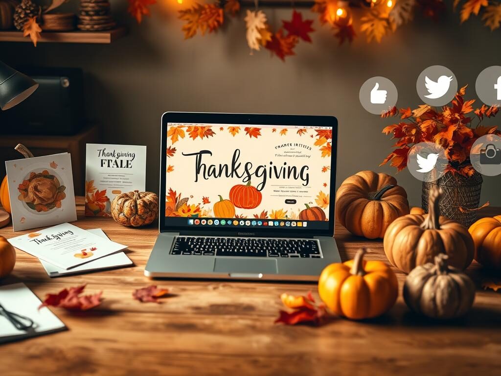 This cozy autumn scene features a Thanksgiving invitation surrounded by pumpkins and leaves. Create your own festive invites using free Thanksgiving invitation templates from MolyPix.AI, Canva, and Adobe Spark!