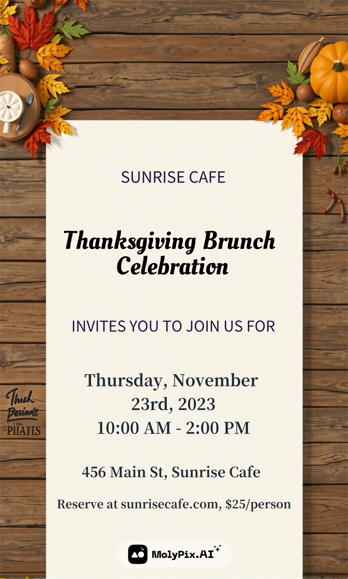 This design from MolyPix.AI showcases a rustic wooden background with autumn accents, perfect for a Thanksgiving brunch.