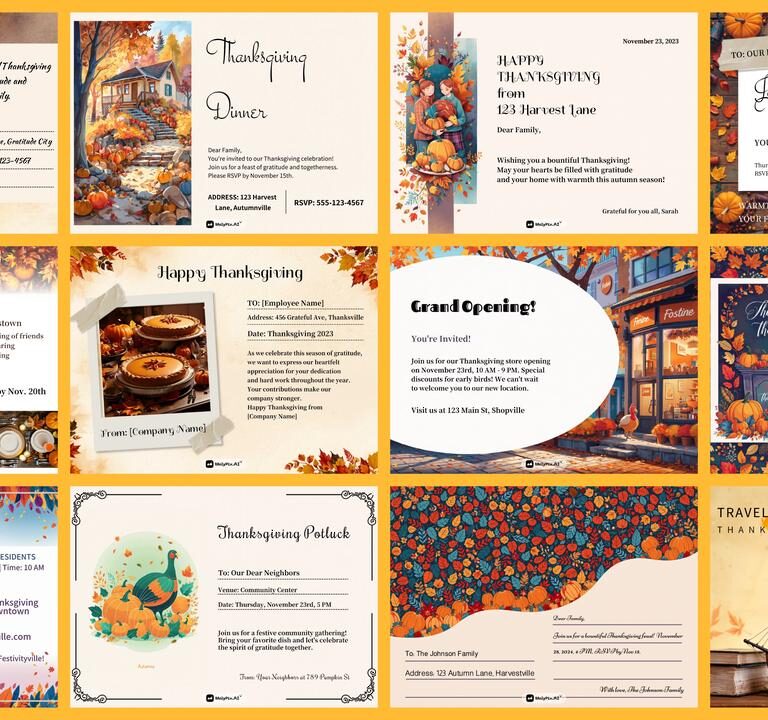 A collection of Thanksgiving-themed postcards featuring festive designs with autumn motifs.