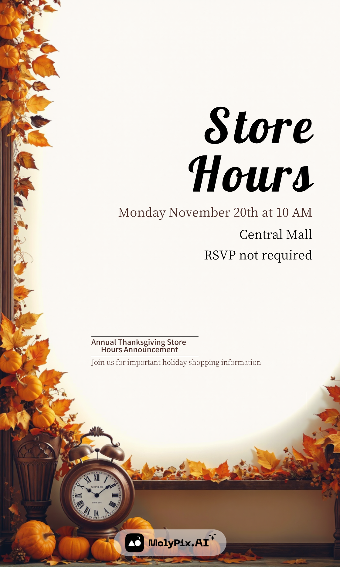 This MolyPix.AI design features a classic clock and autumn leaves, perfect for announcing Thanksgiving store hours.