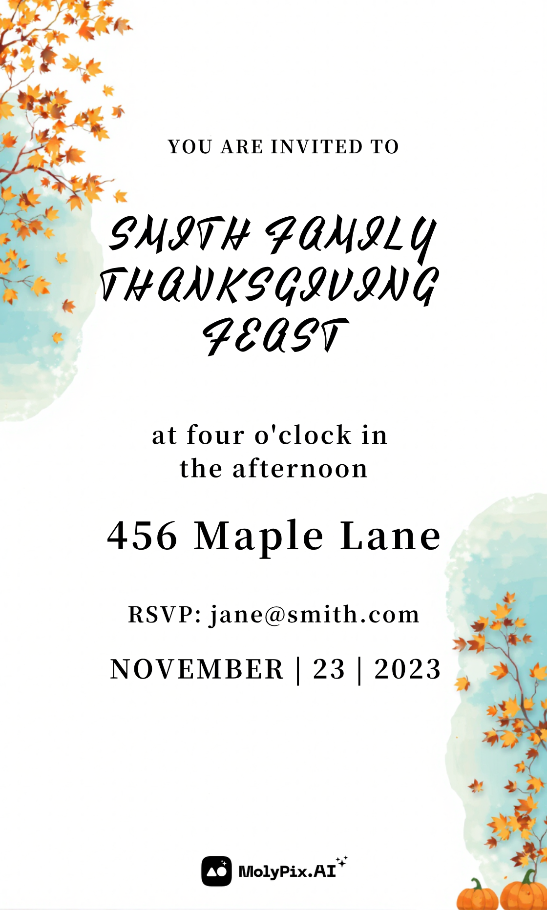 This design from MolyPix.AI features delicate autumn leaves and soft watercolor accents, perfect for a family Thanksgiving feast invitation.