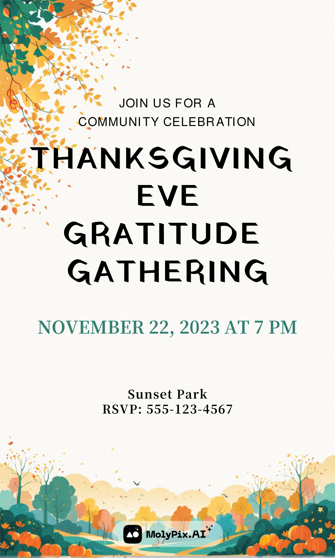 This MolyPix.AI design captures the spirit of community with vibrant autumn colors, perfect for Thanksgiving invitation templates.