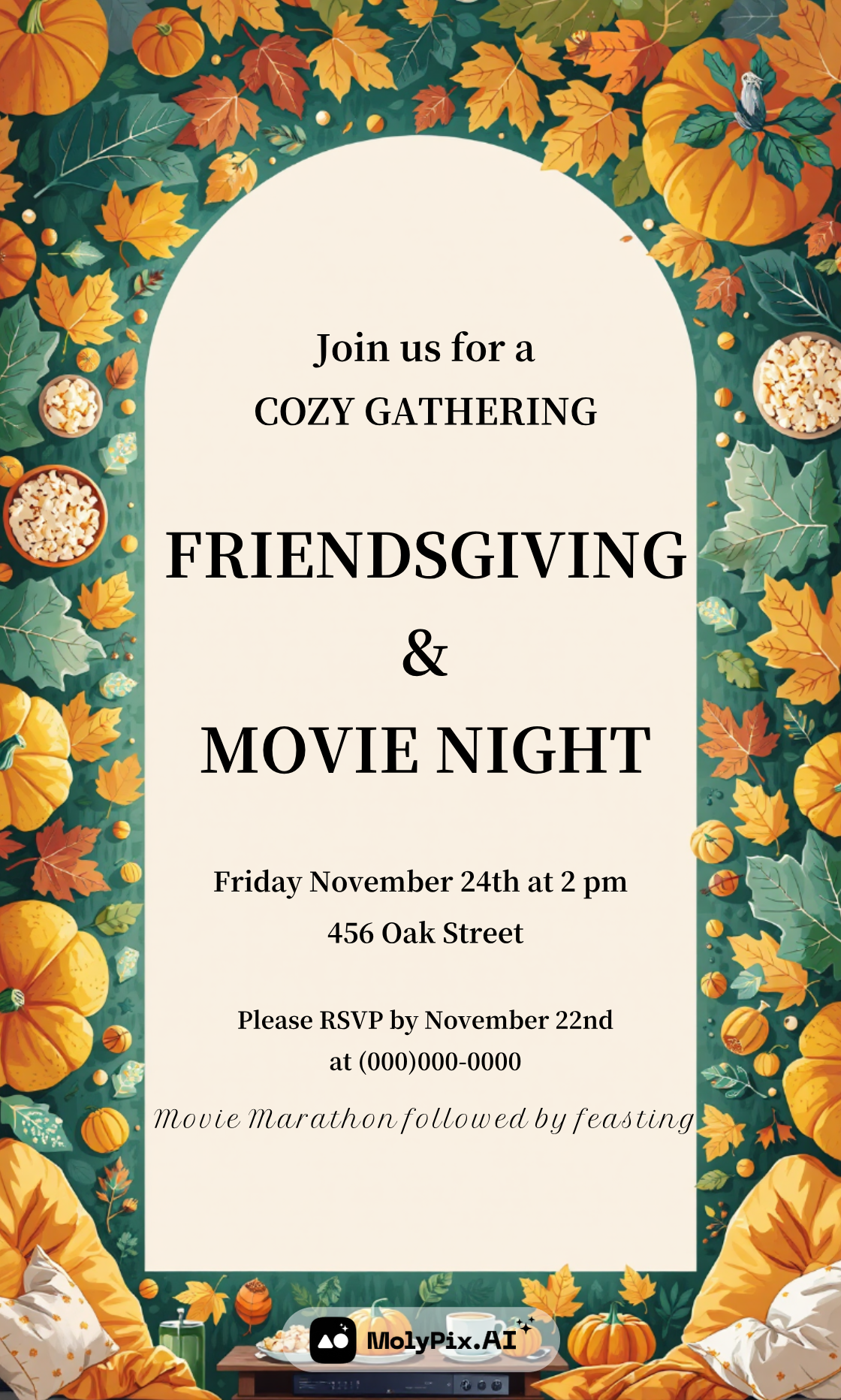 This MolyPix.AI design creates a cozy atmosphere with autumn leaves and pumpkins, ideal for Friendsgiving invitation templates.