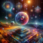 A digital artwork depicting a surreal cosmic landscape filled with floating geometric shapes, glowing spheres, and interconnected grids.