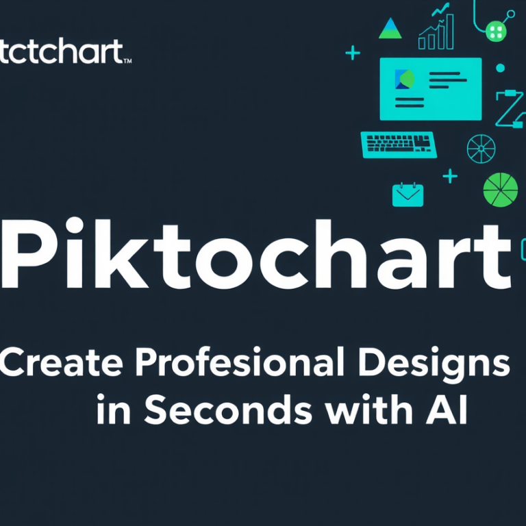 Piktochart logo with the tagline "Create Professional Designs in Seconds with AI" surrounded by design-related icons.