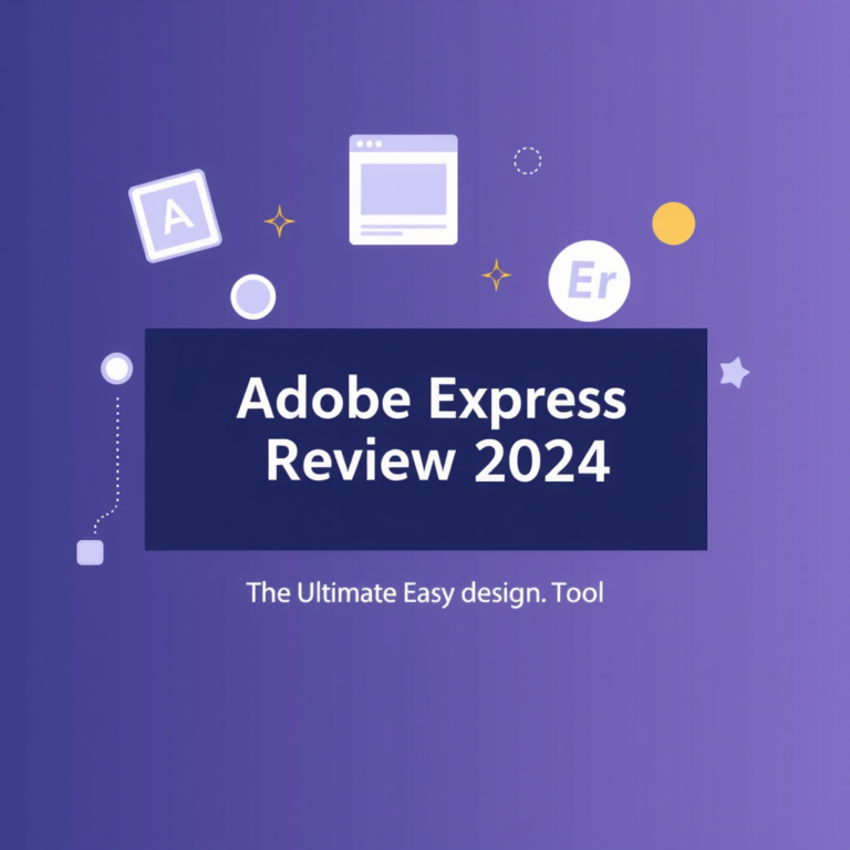 Adobe Express Review 2024 cover image with purple gradient background and floating design elements