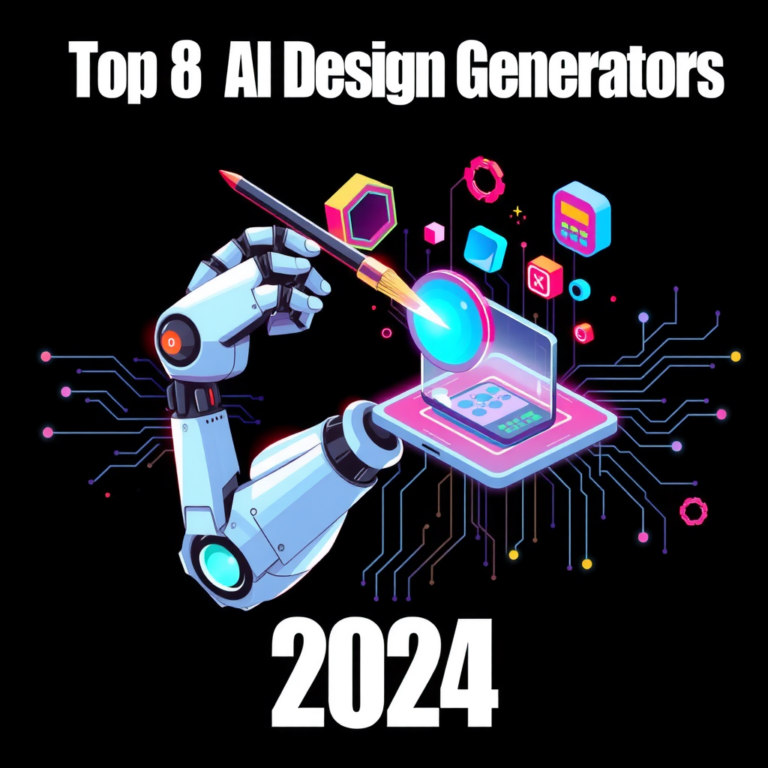 Illustration of a robotic arm using a paintbrush on a digital interface, representing AI design generators for 2024.