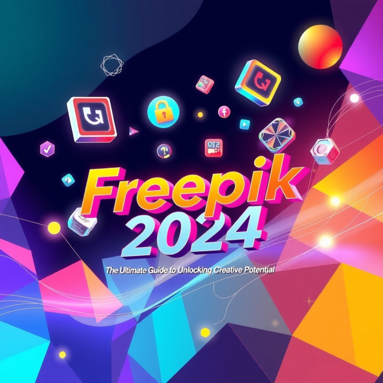 Colorful and abstract design for Freepik 2024 guide cover, featuring digital icons and vibrant geometric shapes.