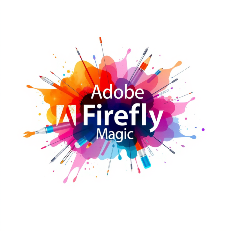 Adobe Firefly Magic logo with vibrant paint splashes and art tools.