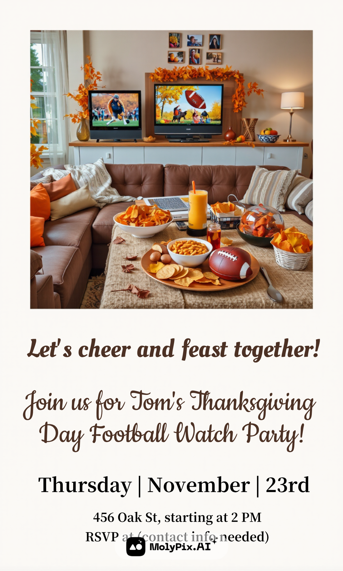 This invitation highlights a cozy setup for a Thanksgiving Day Football Watch Party, perfect for cheering with friends.