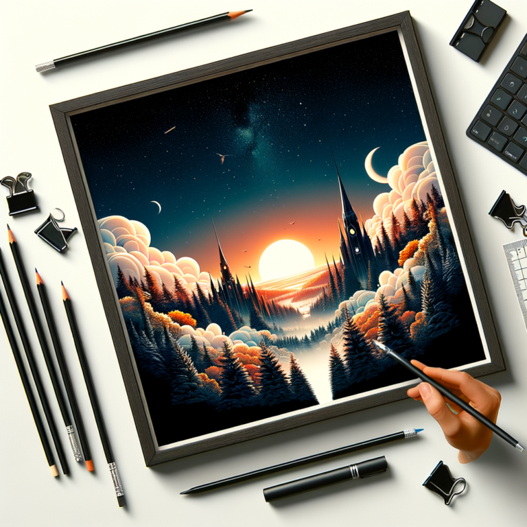 A framed artwork depicting a surreal sunset over a forest with spires, surrounded by art supplies such as pencils and a keyboard.