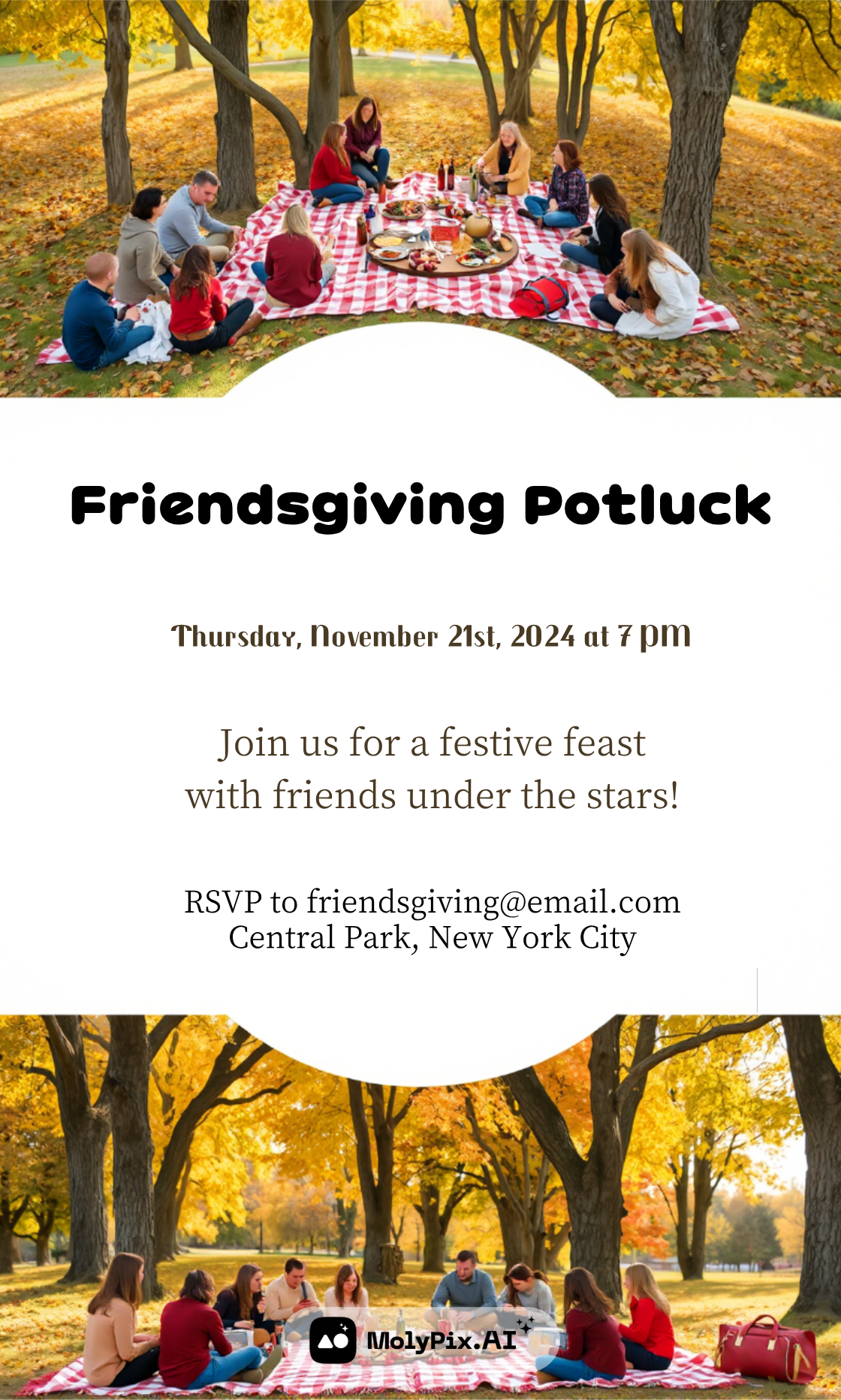 Enjoy a festive Friendsgiving Potluck under the stars with this charming park-themed invitation.