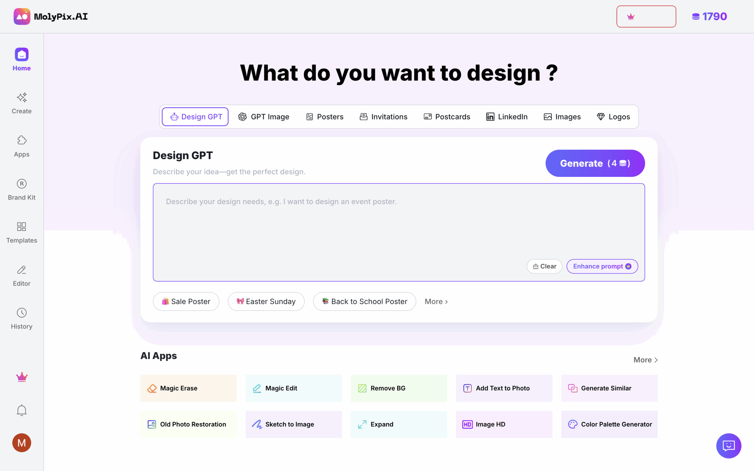 MolyPix.AI design platform interface showing "Design GPT" page with prompt input field asking "What do you want to design?" Various design options like posters and invitations are displayed, along with AI tools including Magic Edit and Remove BG features.