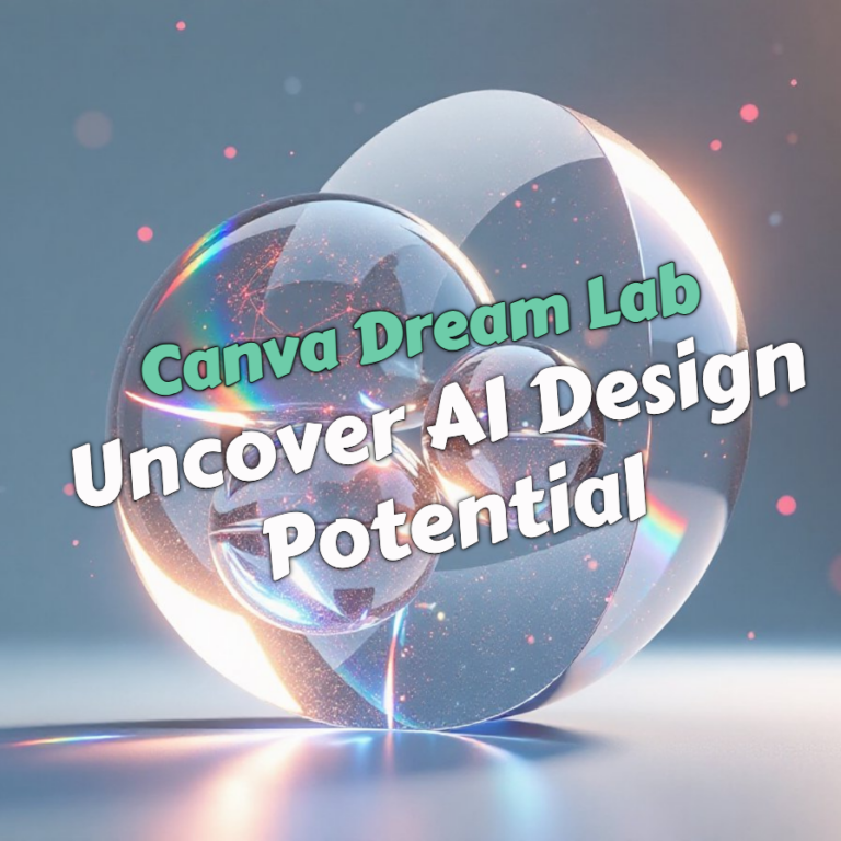 Canva Dream Lab promo image featuring futuristic glass spheres with rainbow light effects and sparkles. Abstract visualization for AI design potential.