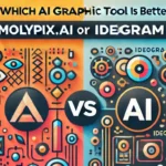 A colorful and abstract design comparing two AI graphic design tools, MolyPix.AI and Ideogram, with the text "Which AI Graphic Tool is Better" prominently displayed.