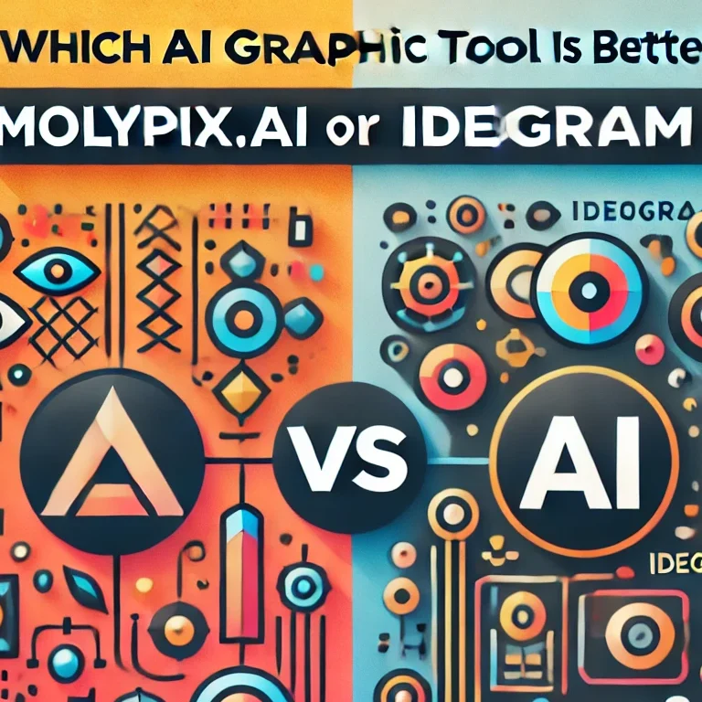 A colorful and abstract design comparing two AI graphic design tools, MolyPix.AI and Ideogram, with the text "Which AI Graphic Tool is Better" prominently displayed.