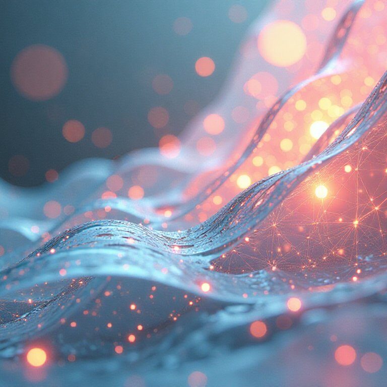 Abstract network visualization with flowing waves and glowing nodes in turquoise and orange. Digital technology concept with connected dots and luminous bokeh effect.