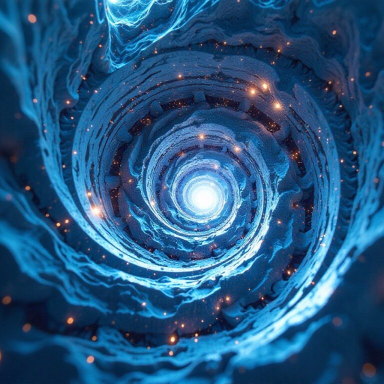 Cosmic energy vortex with electric blue spiral waves and glowing particles. Abstract 3D visualization of space tunnel with luminous center and orange sparks.