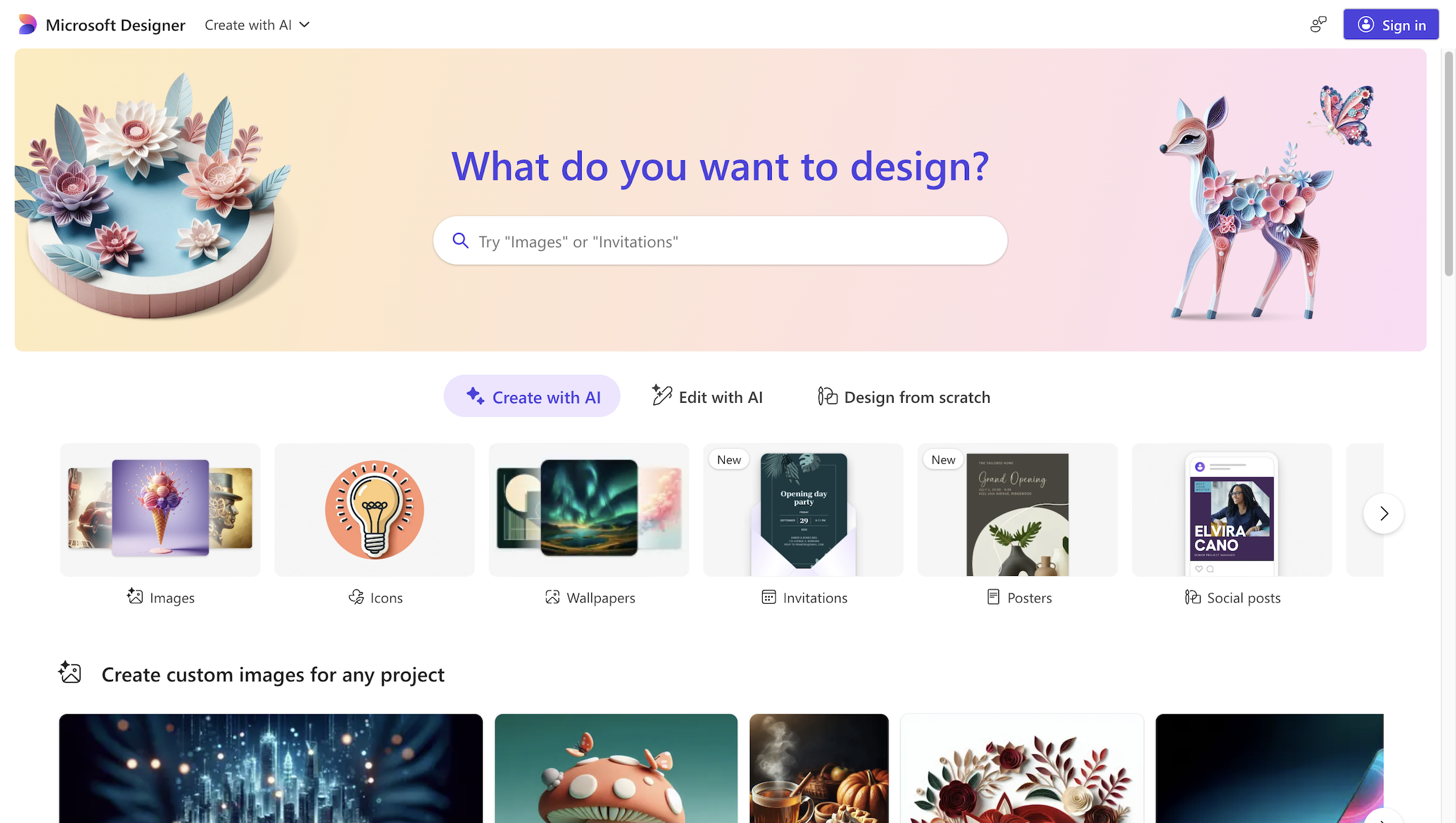 Microsoft Designer homepage featuring design options with AI, including a pastel background with floral and animal art. A search bar asks "What do you want to design?" with options for creating images, icons, wallpapers, invitations, posters, and social posts.