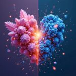 Heart-shaped abstract art with pink and blue crystalline flowers, split by glowing light beam. 3D rendered floral composition with magical particle effects.