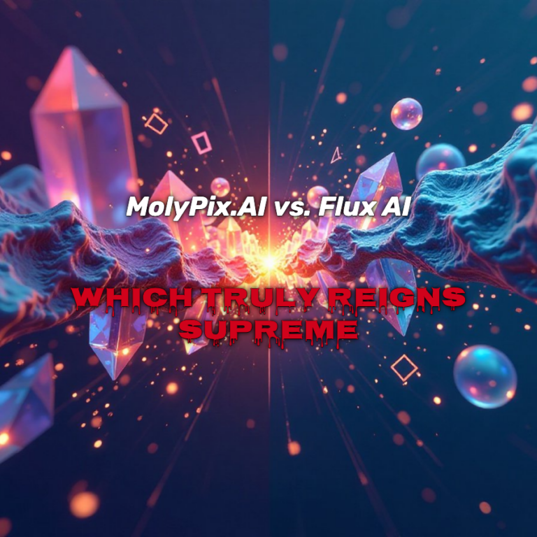 MolyPix.AI vs Flux AI comparison banner with glowing crystals and energy waves in neon blue and red. Dynamic 3D artwork showcasing AI image generation battle.