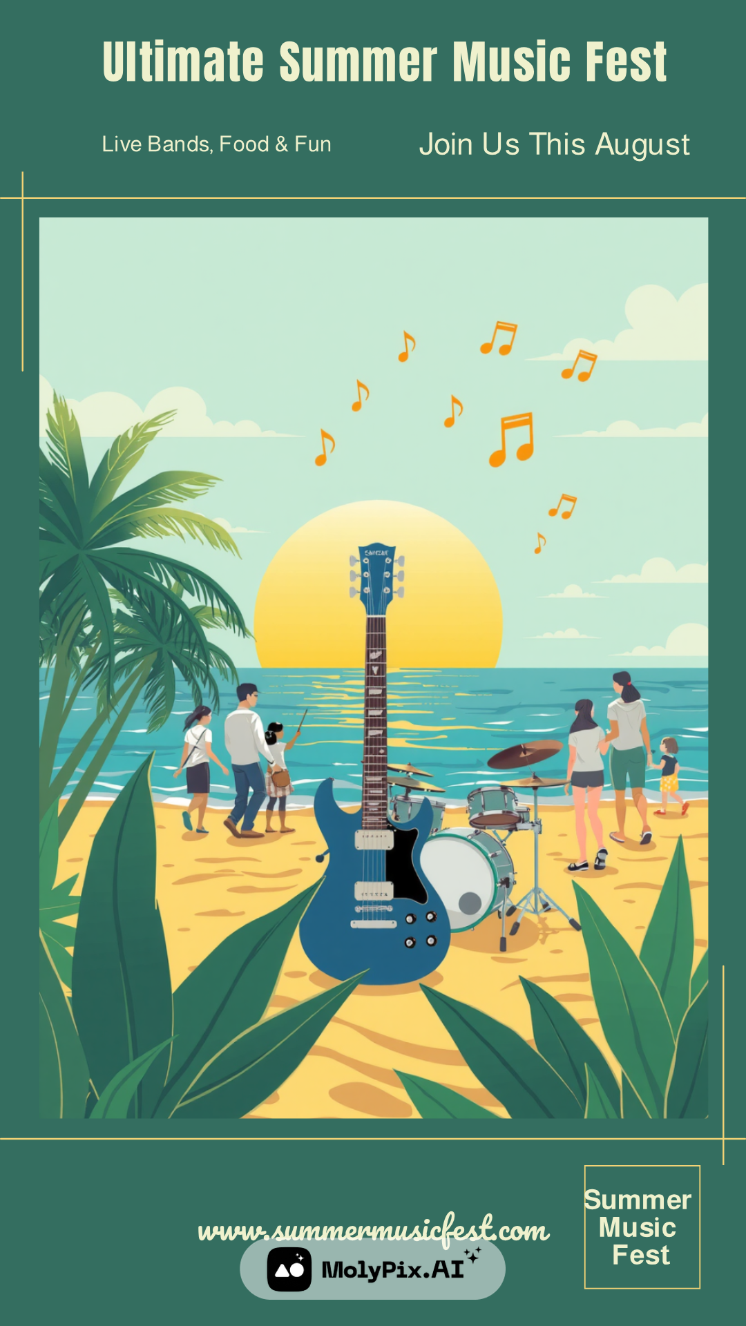 Summer Music Festival 2025 beach concert poster featuring electric guitar, live bands, family entertainment at beachside venue with palm trees and sunset