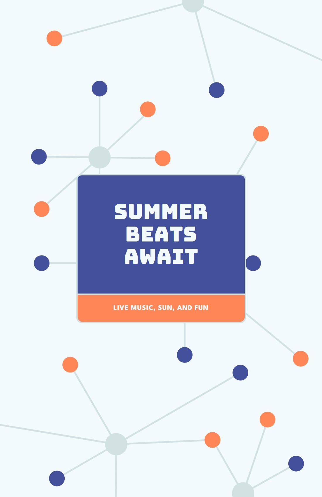 Summer Beats Await promotional banner with modern network design. Blue and coral geometric pattern featuring connected dots and nodes. Event title in bold white text on navy blue background, subtitled 'Live Music, Sun, and Fun'. Minimalist tech-inspired music festival announcement.