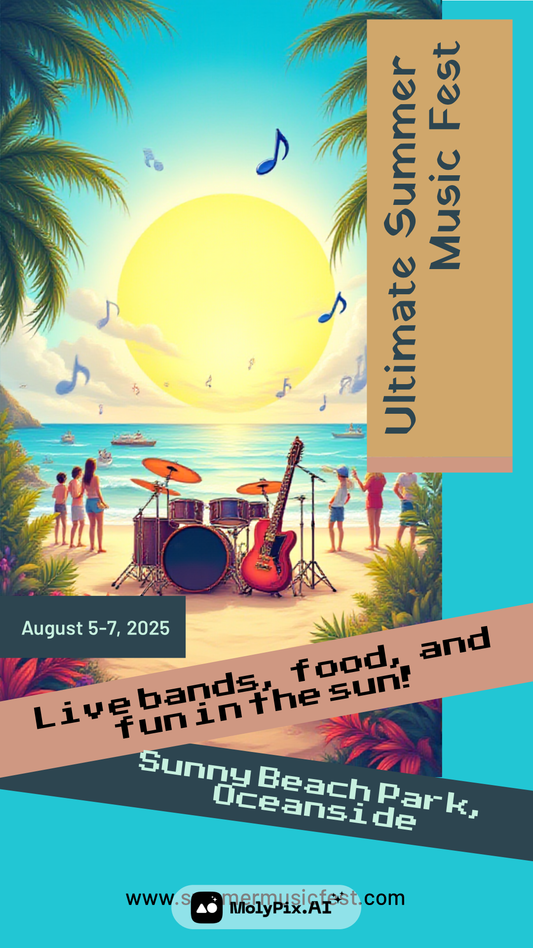 Ultimate Summer Music Fest at Sunny Beach Park Oceanside. Vibrant beach concert illustration featuring drum kit and electric guitar on sandy shore, palm trees, sunset, and musical notes. Live music festival with beachfront entertainment, food vendors, and summer activities.