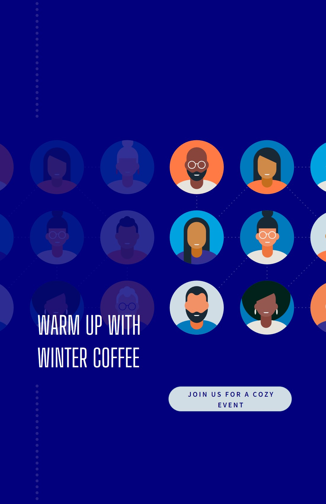 Winter Coffee social event banner with diverse avatar icons on dark blue background. Modern minimalist design featuring 'Join us for a cozy event' call-to-action.