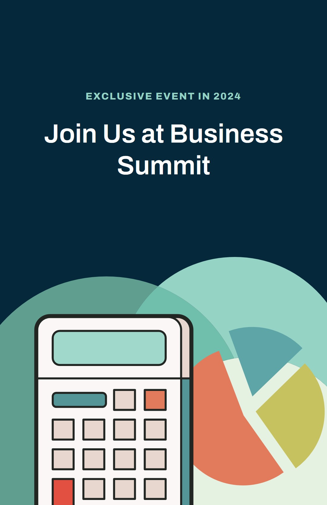 Business Summit promotional banner with calculator icon and pie chart graphics on dark teal background. Modern minimalist design for exclusive business event.