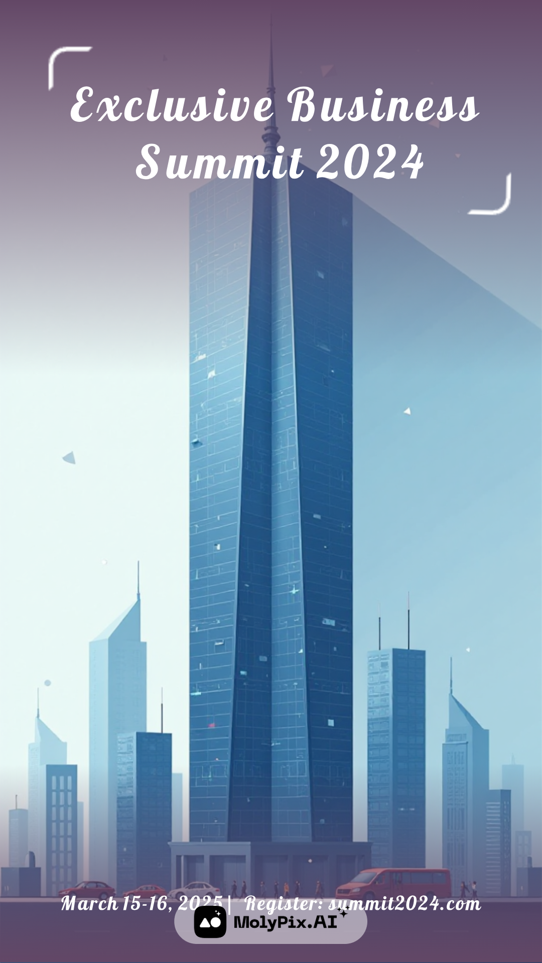 Exclusive Business Summit poster featuring modern skyscraper cityscape in blue twilight tones. Conference announcement with urban corporate aesthetic.