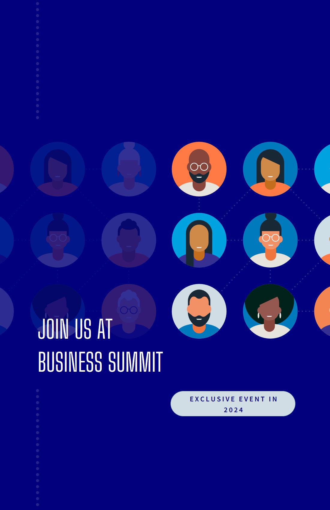 Business Summit invitation with diverse professional avatars on deep blue background. Connected profile circles illustrating networking event.