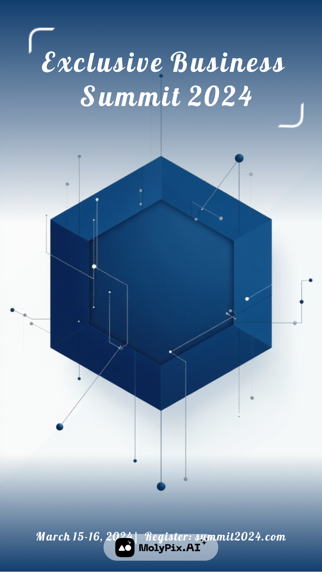 Business Summit promotional banner featuring geometric hexagon with connected nodes on blue gradient background. Tech-inspired design for March event.