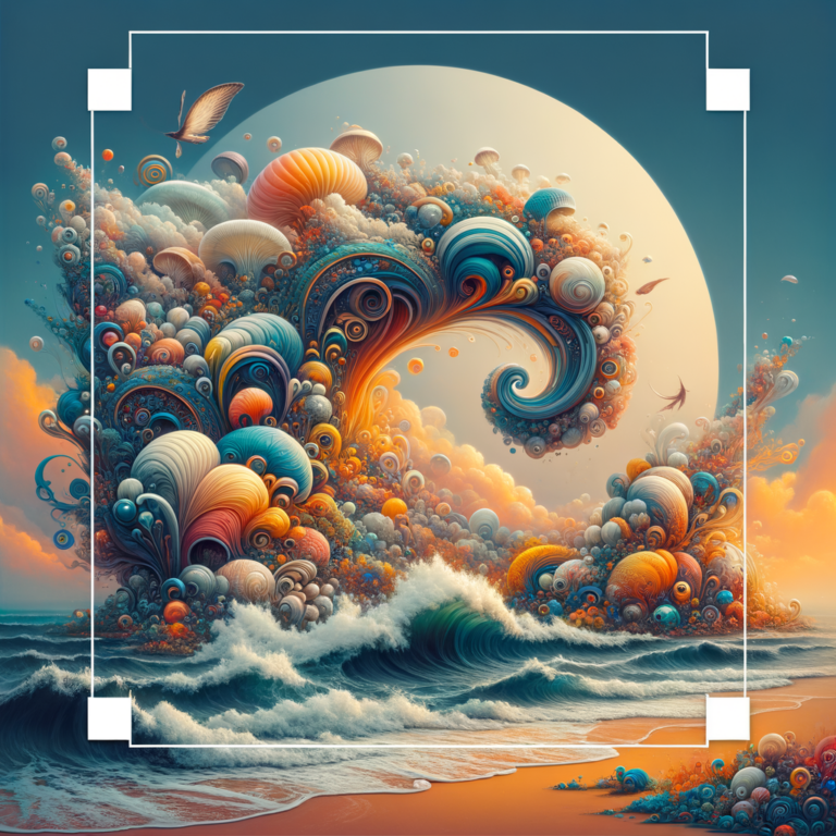 A surreal, colorful ocean wave composed of intricate, swirling patterns and shapes, under a large circular sun.