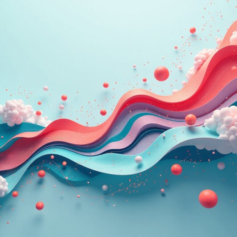 Abstract flowing waves in coral pink and turquoise with floating white molecular clouds and coral spheres. 3D design with soft pastel colors and dynamic motion.