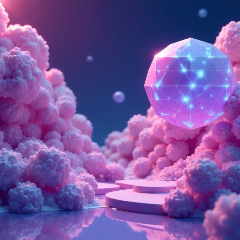 Geometric hologram sphere floating above steps, surrounded by pink cotton-like clouds in dreamy purple atmosphere. 3D render with futuristic and ethereal elements.