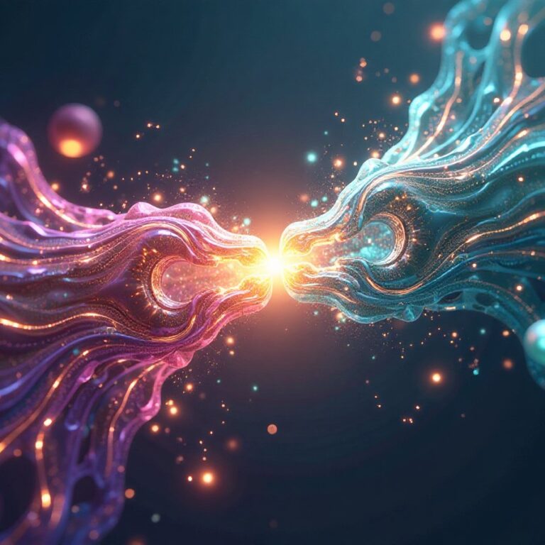 Mystical energy collision with flowing purple and turquoise waves meeting in bright central light burst. Abstract digital art with glowing particles and ethereal effects.