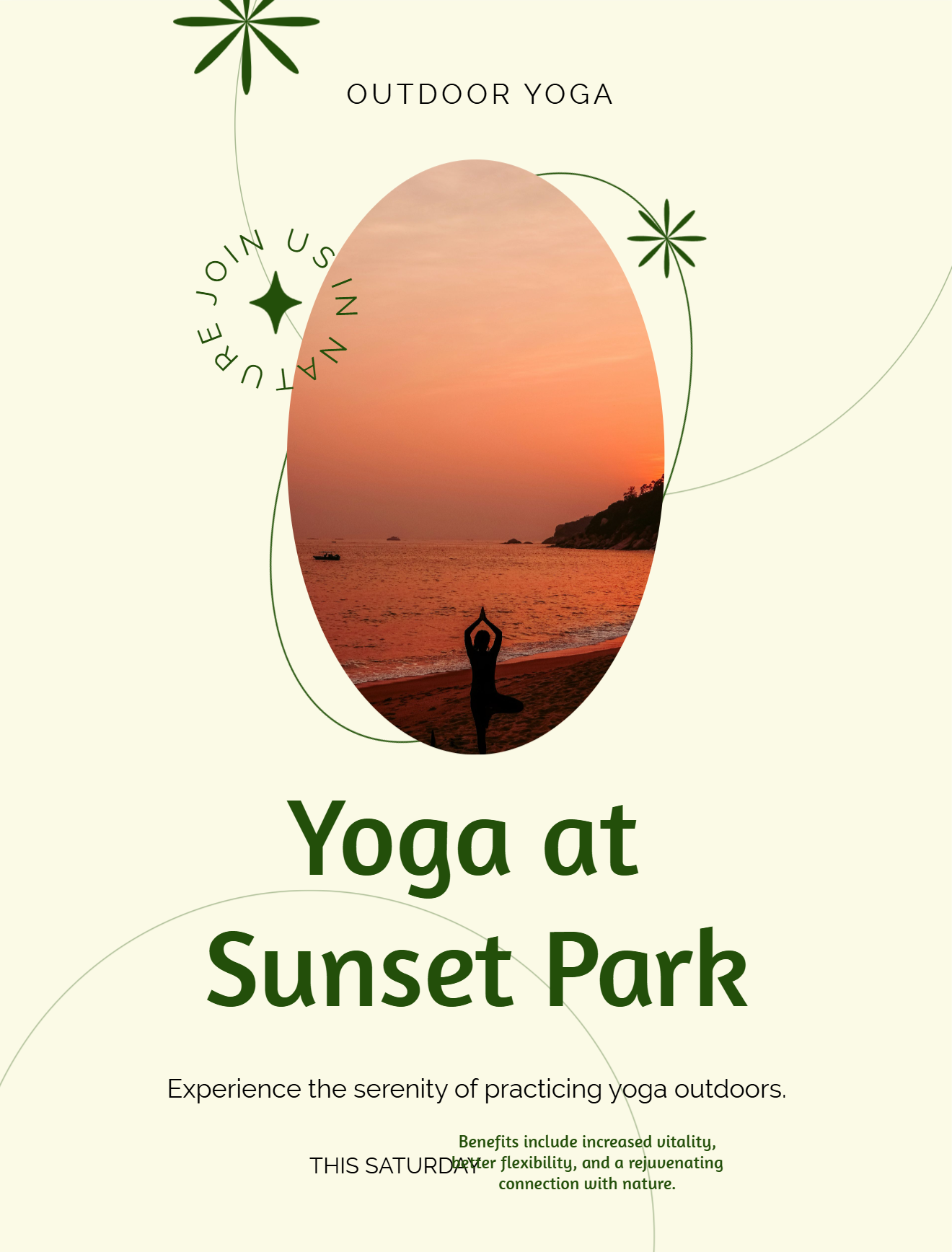 Poster for 'Yoga at Sunset Park' featuring a silhouette of a person doing yoga against a sunset background. Includes decorative text and mentions benefits of outdoor yoga.