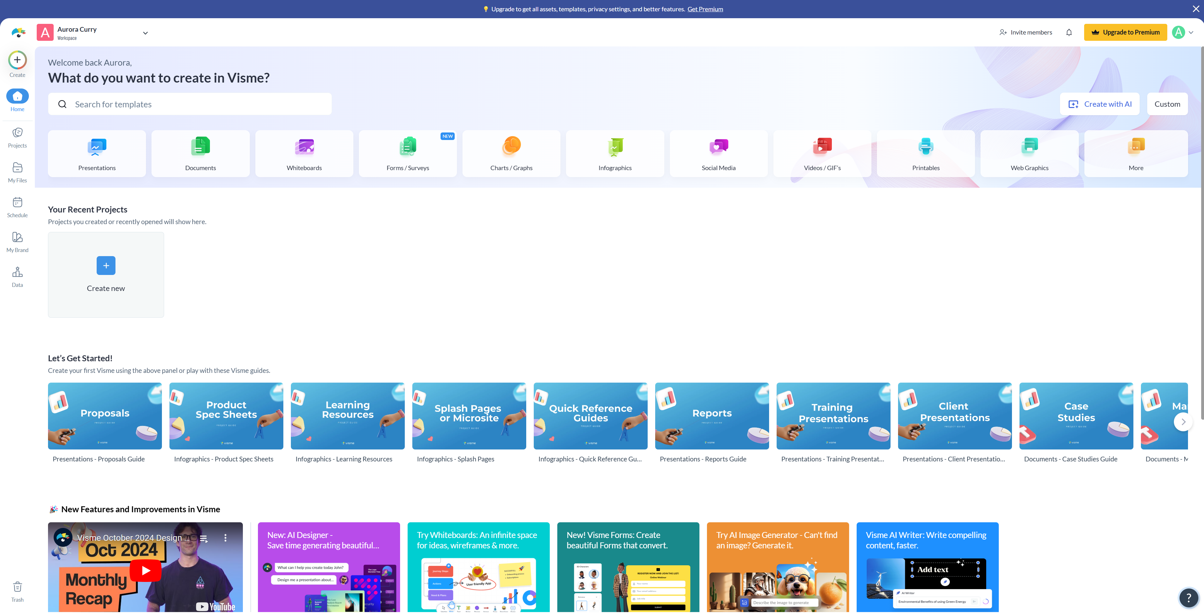 Visme dashboard screenshot with options for creating presentations, documents, charts, and more. Includes sections for recent projects and guides on getting started.